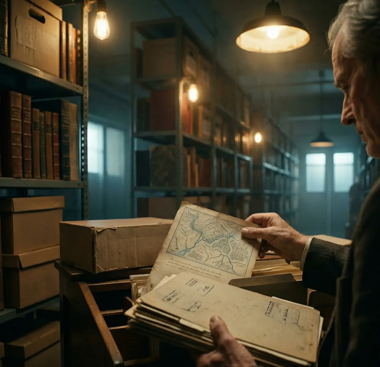 An older man examining a map in a warmly lit library