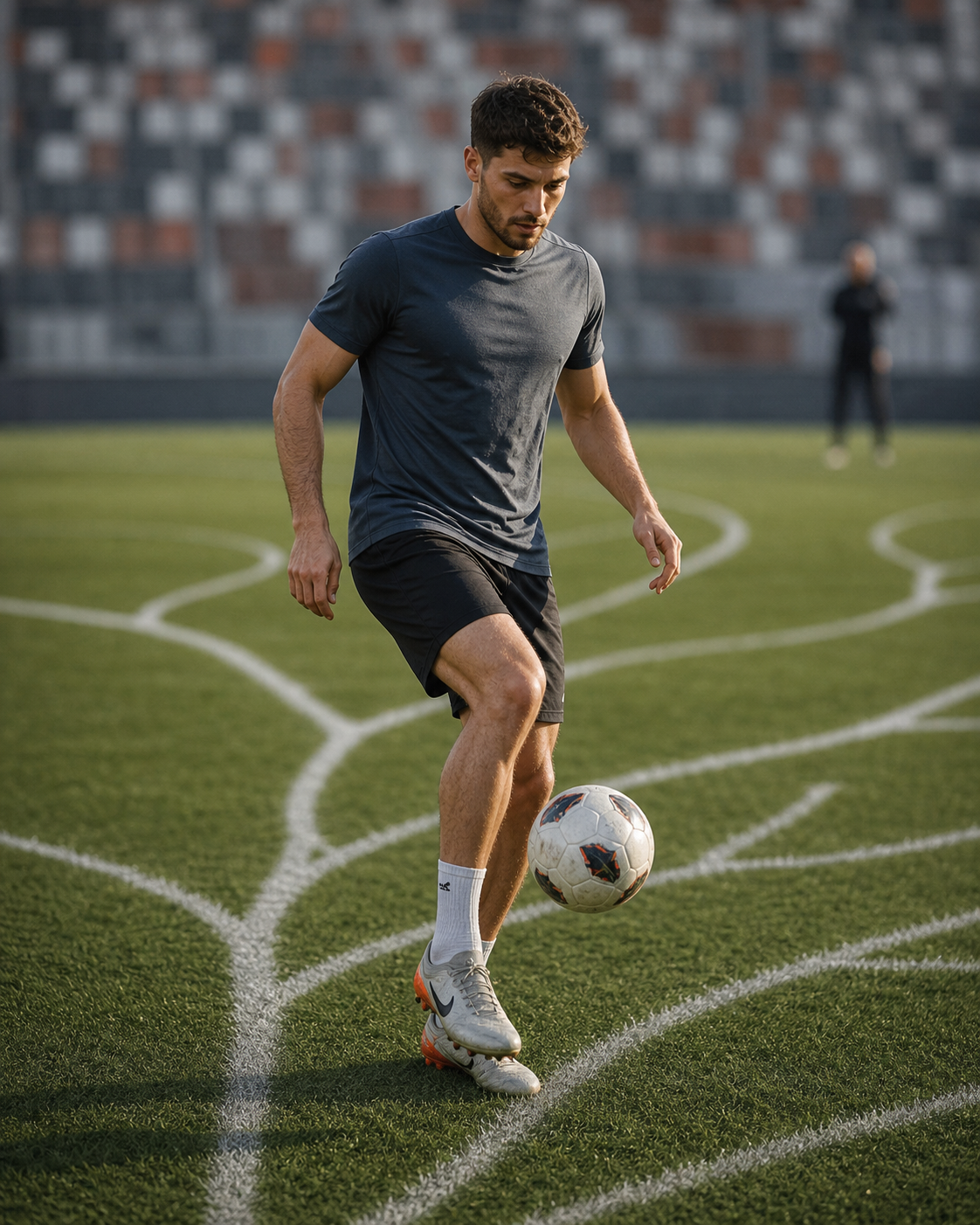 A footballer controlling a ball alone on an empty training pitch