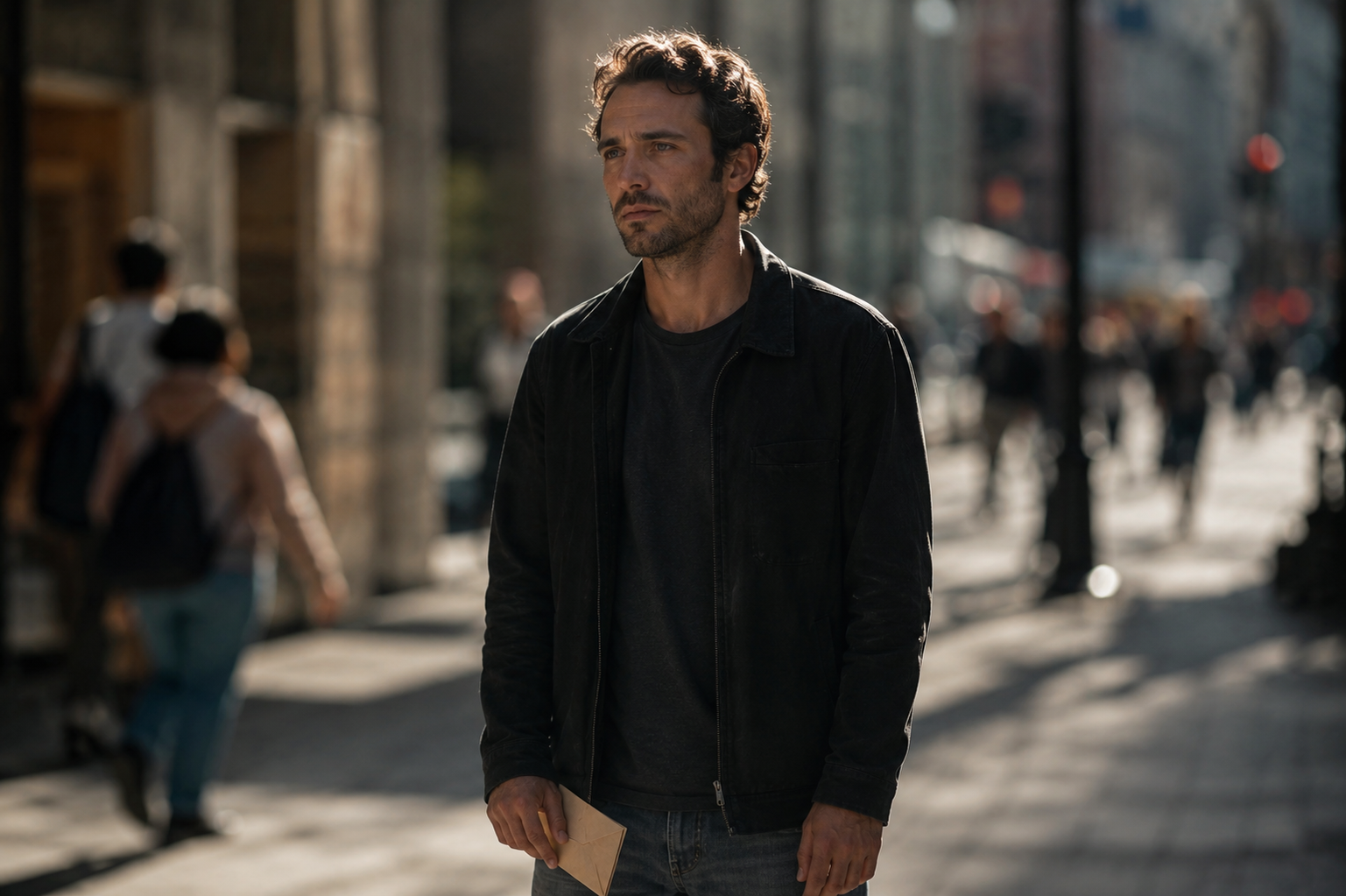 A man standing still on a busy sunlit city sidewalk holding an envelope