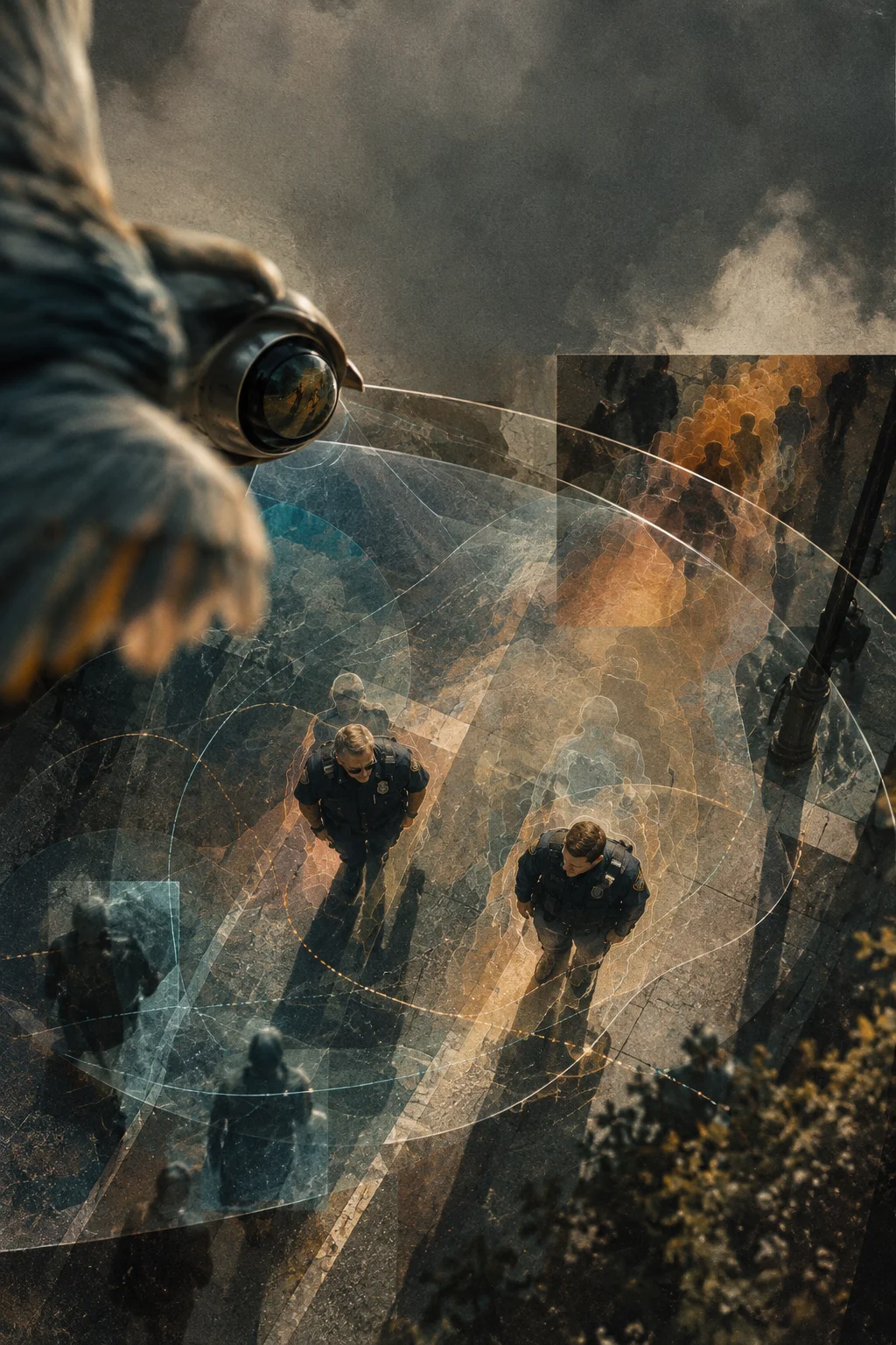 Conceptual overhead view of police officers beneath a surveillance lens
