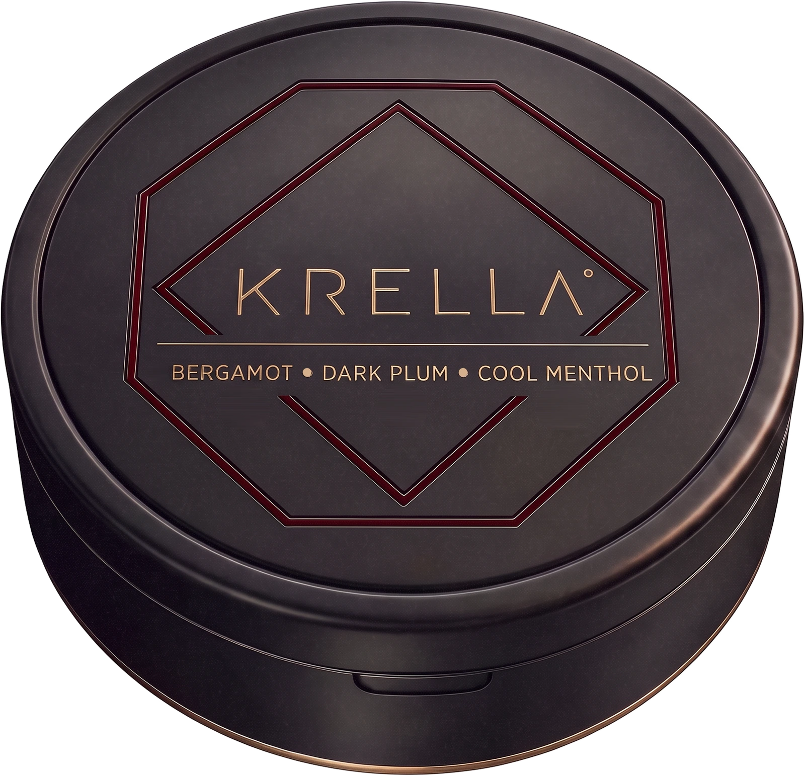 Krella nicotine-free oral pouch tin in black, gold and plum