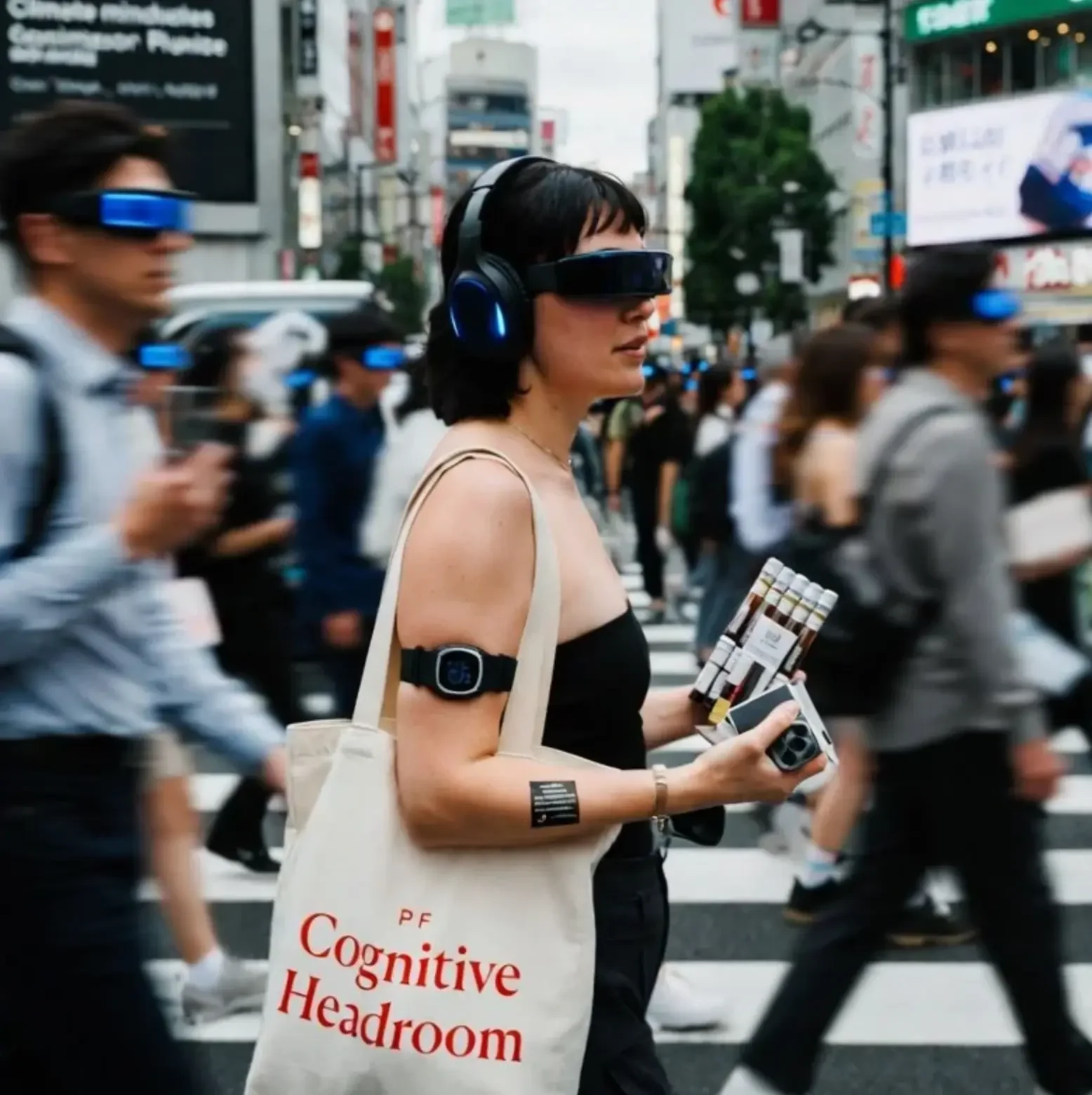 A woman with headphones and smart glasses crossing a city street with a bag
