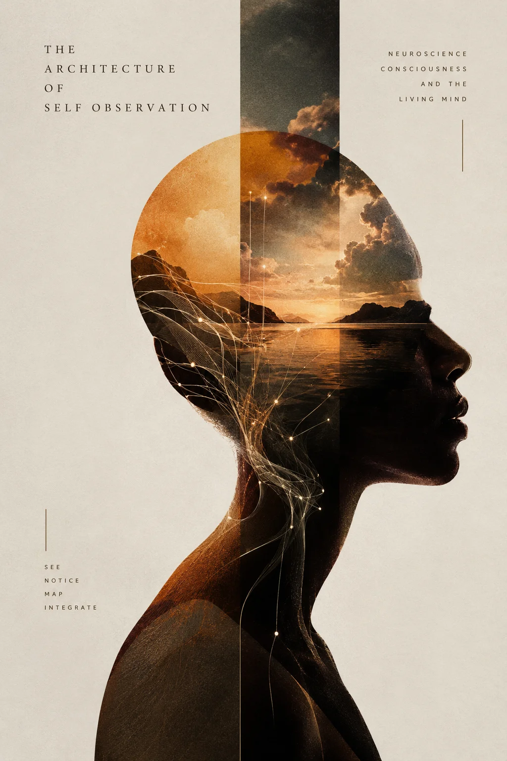 Editorial artwork connecting a human profile with neuroscience, consciousness, and the living mind