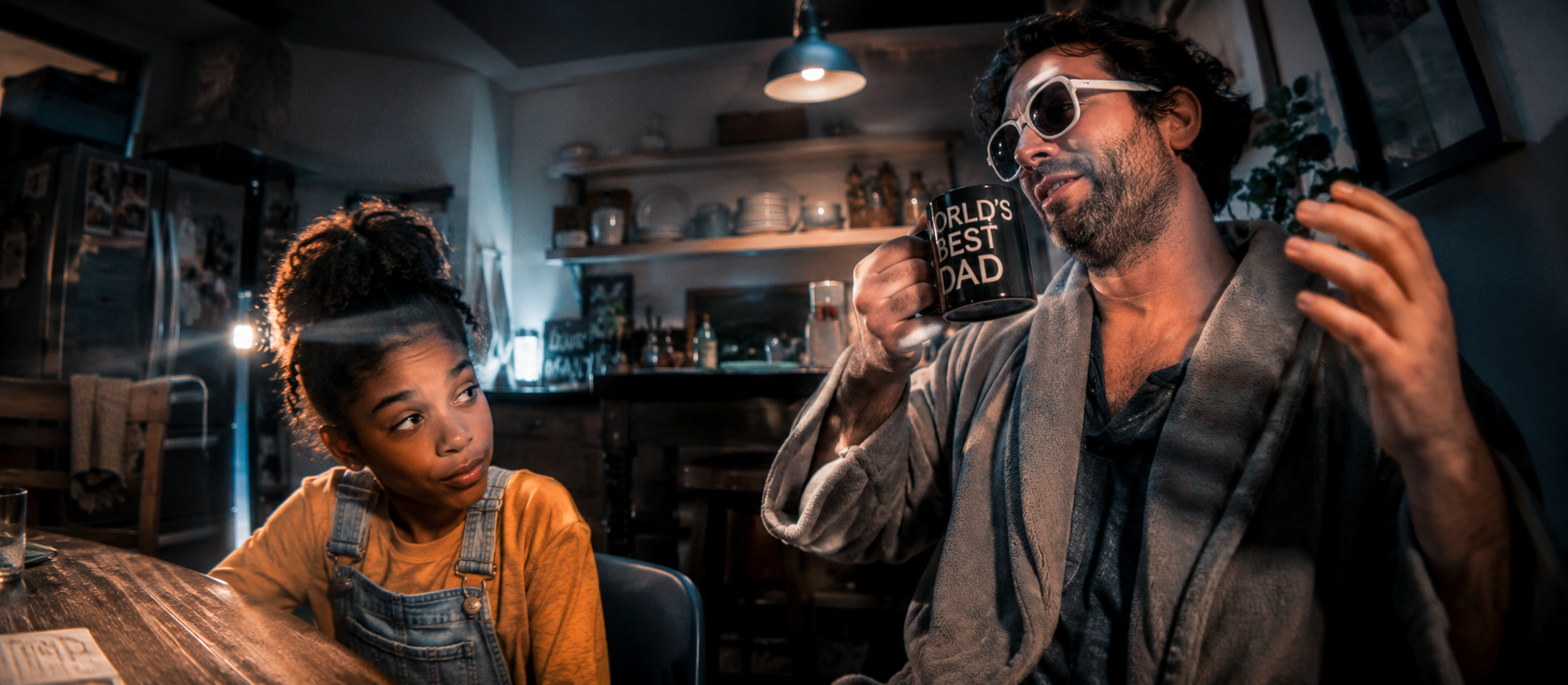 A father in a robe and sunglasses talking with his daughter at a kitchen table at night