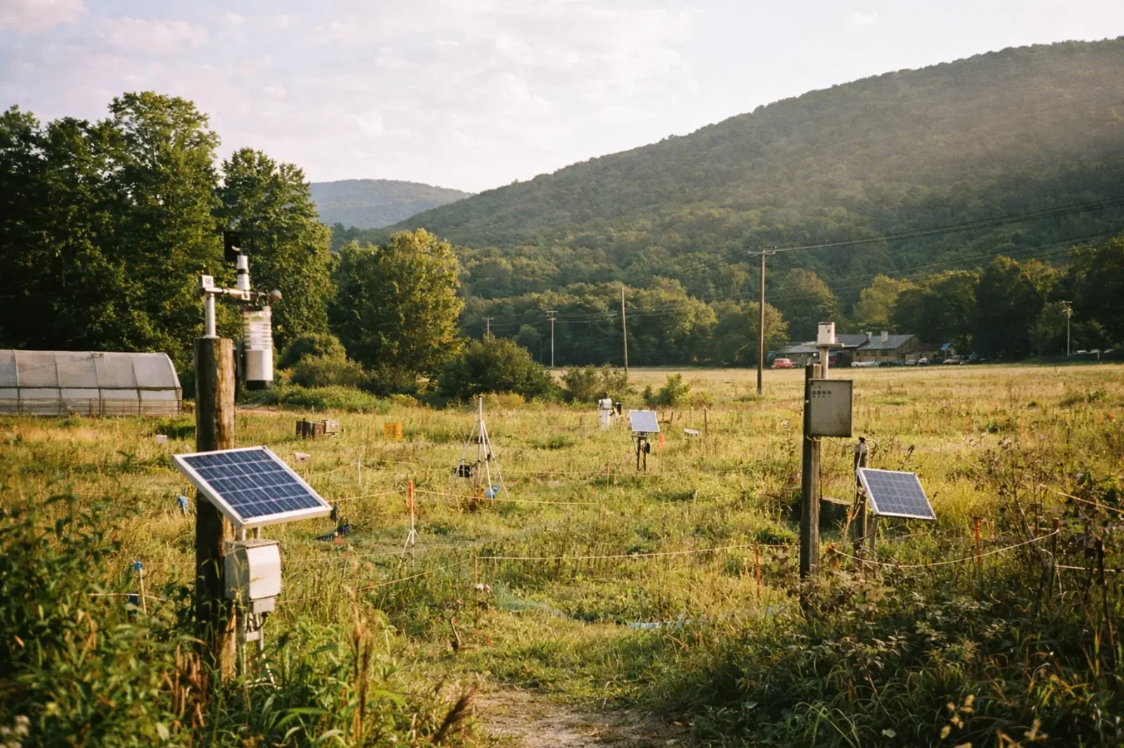 A sunlit grass field with research equipment and solar panels