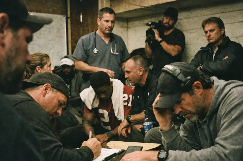 Coaches and staff gathered over notes in a locker room