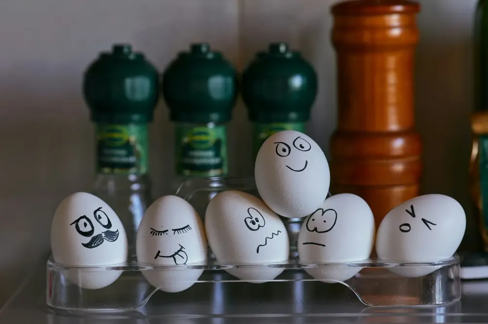 Eggs with hand-drawn faces showing different moods