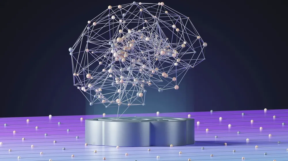 A network of light shaped like a brain above a platform